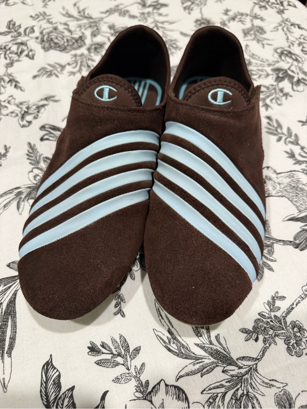 Vintage Y2K Champion Breeze Racer Stripe Suede Slip-on Sneakers. Brown and blue